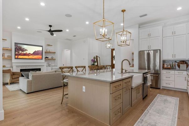 Fireplace, Interior, Kitchen, Living room, Pendant Lights, Recessed Lighting, Stainless Steel Appliances, Wood Texture Flooring