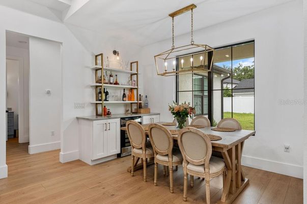 Dining room, Interior, Pendant Lights, Wood Texture Flooring