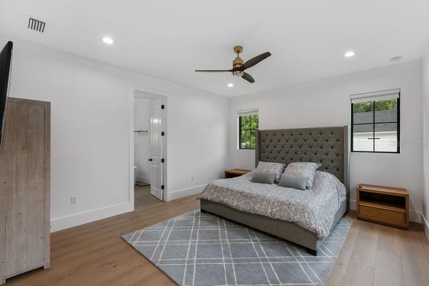 Bedroom, Interior, Recessed Lighting, Wood Texture Flooring