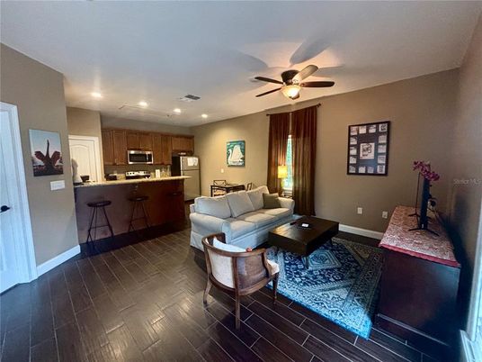 Interior, Kitchen, Living room, Recessed Lighting, Stainless Steel Appliances, Wood Texture Flooring