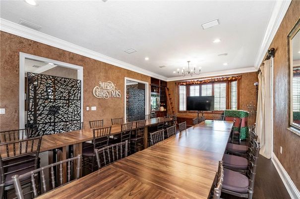 Dining room, Interior, Recessed Lighting, Wood Texture Flooring