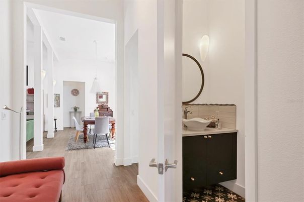 Bathroom, Dining room, Interior, Pendant Lights, Wood Texture Flooring