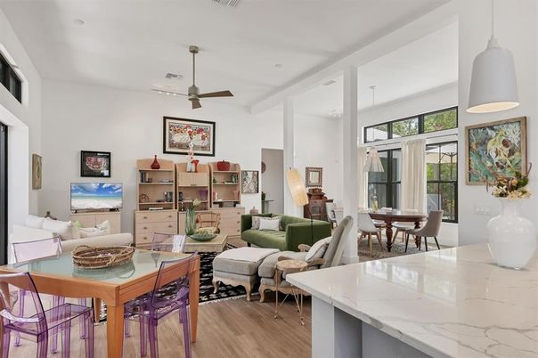 Dining room, Interior, Living room, Pendant Lights, Recessed Lighting, Wood Texture Flooring