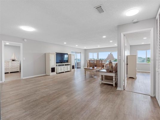 Dining room, Interior, Recessed Lighting, Wood Texture Flooring