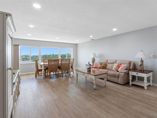 Dining room, Interior, Living room, Recessed Lighting, Wood Texture Flooring