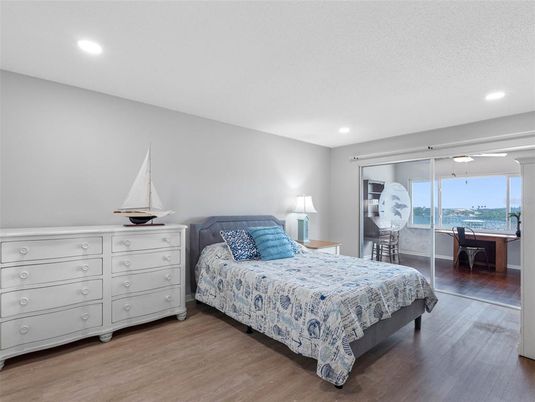 Bedroom, Interior, Recessed Lighting, Water, Wood Texture Flooring