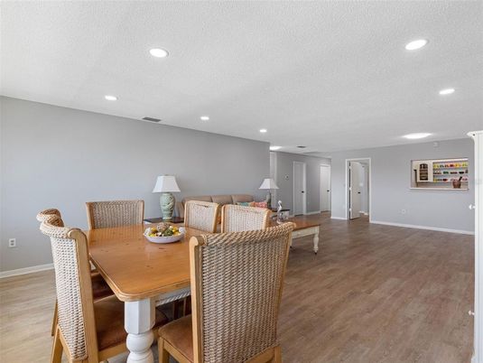 Dining room, Interior, Living room, Recessed Lighting, Wood Texture Flooring
