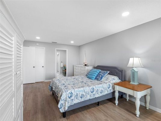 Bedroom, Interior, Recessed Lighting, Wood Texture Flooring