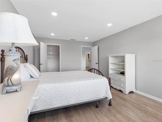 Bedroom, Interior, Recessed Lighting, Wood Texture Flooring