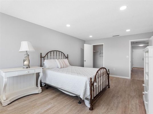 Bedroom, Interior, Recessed Lighting, Wood Texture Flooring