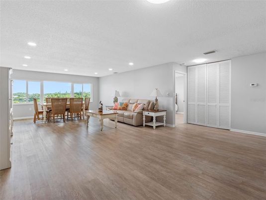 Dining room, Interior, Living room, Recessed Lighting, Wood Texture Flooring