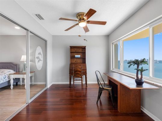Bedroom, Home Office, Interior, Recessed Lighting, Water, Wood Texture Flooring
