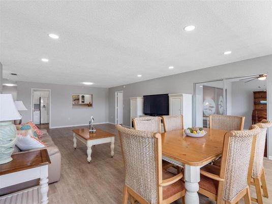 Dining room, Interior, Living room, Recessed Lighting, Wood Texture Flooring