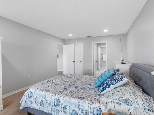 Bedroom, Interior, Recessed Lighting, Wood Texture Flooring