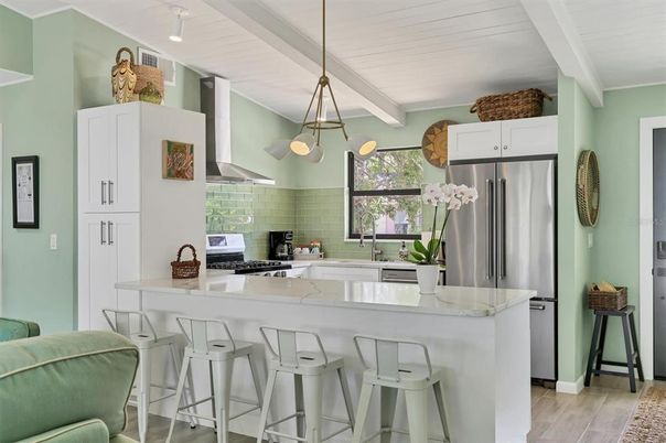 Interior, Kitchen, Pendant Lights, Stainless Steel Appliances, Wood Texture Flooring