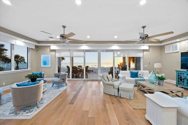 Dining room, Interior, Living room, Recessed Lighting, Water, Wood Texture Flooring