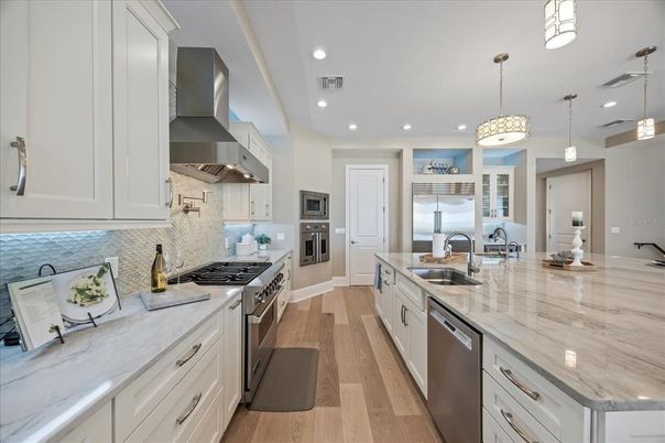 Interior, Kitchen, Pendant Lights, Recessed Lighting, Stainless Steel Appliances, Wood Texture Flooring