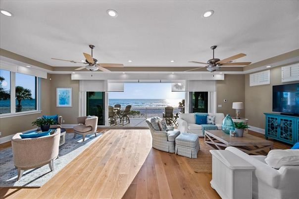 Fireplace, Interior, Living room, Recessed Lighting, Water, Wood Texture Flooring