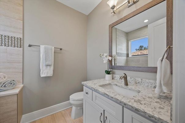 Bathroom, Interior, Recessed Lighting, Wood Texture Flooring