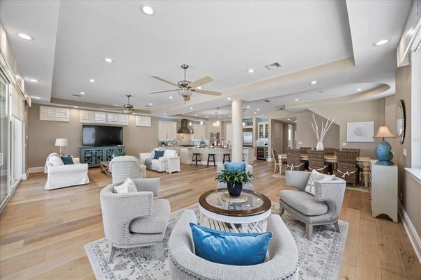 Dining room, Interior, Kitchen, Living room, Recessed Lighting, Wood Texture Flooring