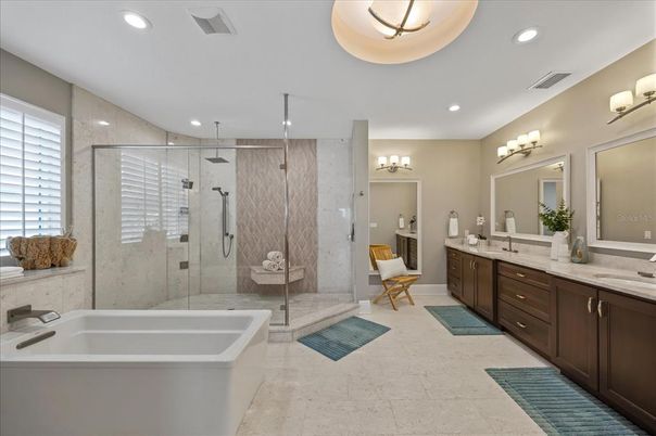 Bathroom, Dual Sink Vanities, Free Standing Baths, Glass Shower, Interior, Recessed Lighting