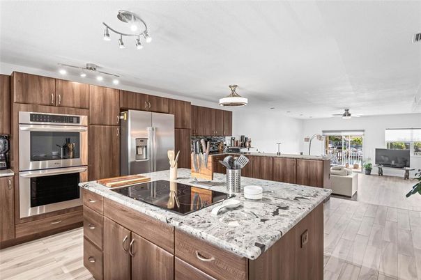 Interior, Kitchen, Living room, Pendant Lights, Recessed Lighting, Stainless Steel Appliances, Wood Texture Flooring