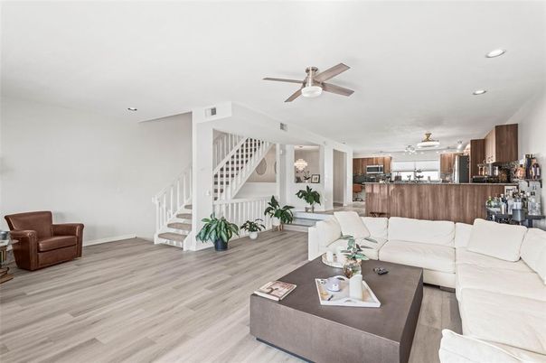 Interior, Kitchen, Living room, Recessed Lighting, Wood Texture Flooring