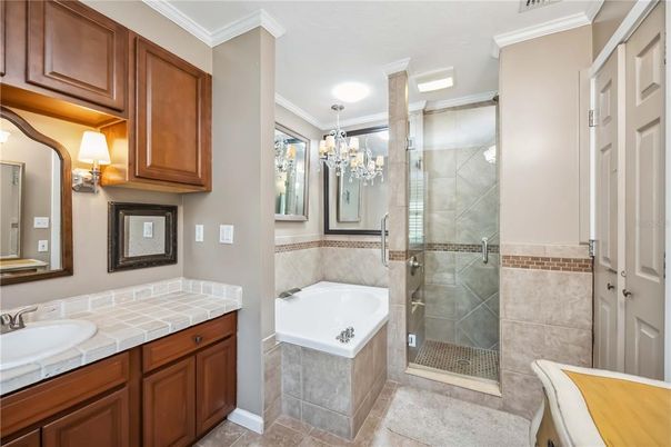 Bathroom, Glass Shower, Interior, Recessed Lighting, Tile Countertops