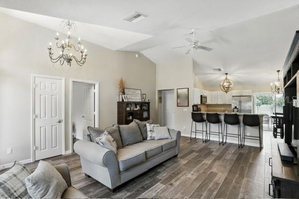 Chandelier, Interior, Kitchen, Living room, Pendant Lights, Wood Texture Flooring