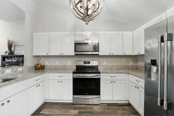 Chandelier, Interior, Kitchen, Stainless Steel Appliances, Wood Texture Flooring