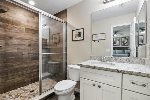 Bathroom, Glass Shower, Interior, Recessed Lighting, Wooden Walls