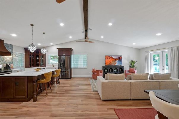 Interior, Kitchen, Living room, Pendant Lights, Recessed Lighting, Wood Texture Flooring