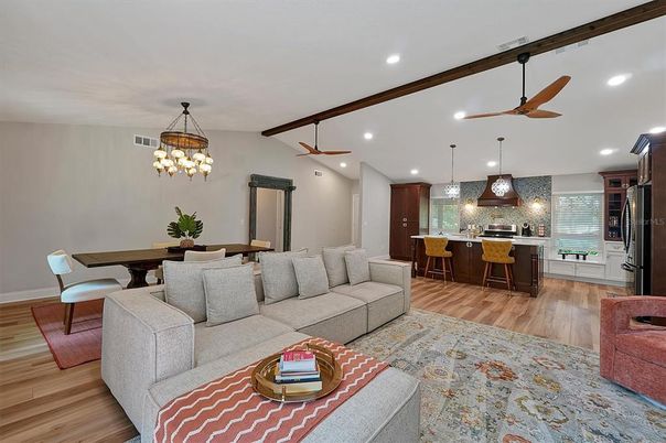 Dining room, Interior, Kitchen, Living room, Pendant Lights, Recessed Lighting, Wood Texture Flooring
