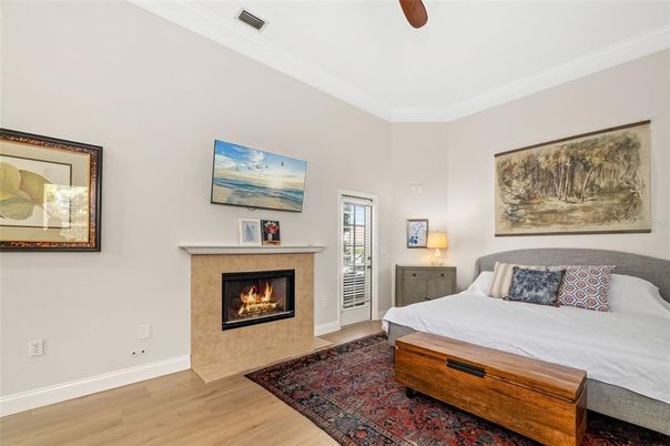Bedroom, Fireplace, Interior, Wood Texture Flooring