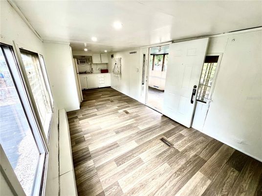Empty room, Interior, Kitchen, Recessed Lighting, Wood Texture Flooring