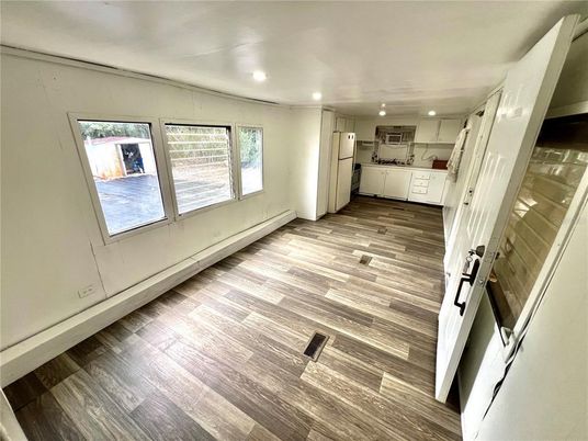 Empty room, Interior, Kitchen, Recessed Lighting, Wood Texture Flooring