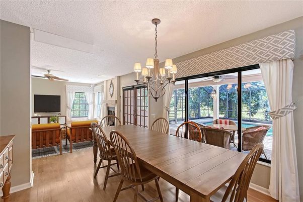 Chandelier, Dining room, Fireplace, Interior, Wood Texture Flooring