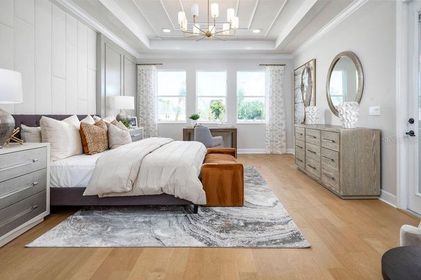 Bedroom, Interior, Pendant Lights, Recessed Lighting, Wood Texture Flooring