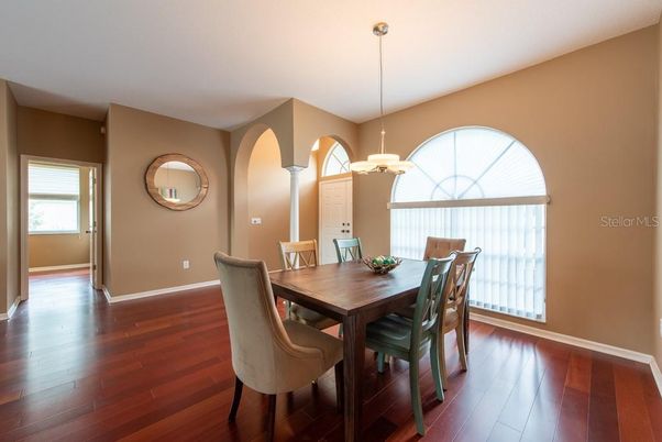 Chandelier, Dining room, Interior, Pendant Lights, Wood Texture Flooring