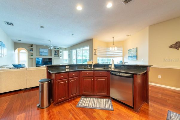 Interior, Kitchen, Living room, Pendant Lights, Recessed Lighting, Wood Texture Flooring