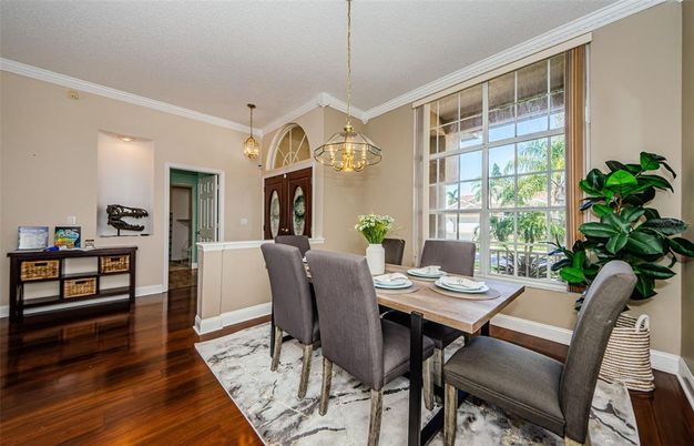 Dining room, Interior, Pendant Lights, Wood Texture Flooring