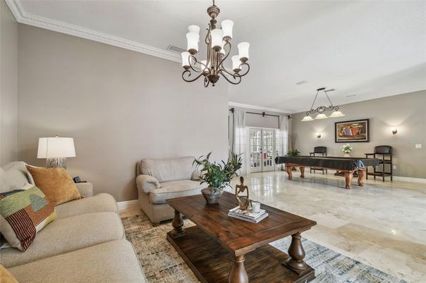 Billiard Table, Chandelier, Game Room, Interior, Living room