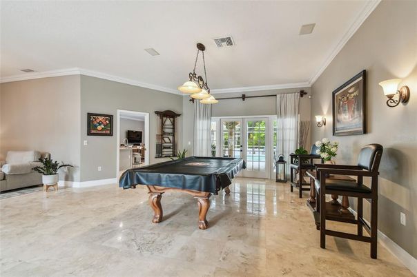 Billiard Table, Fireplace, Game Room, Interior, Pendant Lights