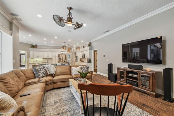 Interior, Kitchen, Living room, Recessed Lighting, Stainless Steel Appliances, Wood Texture Flooring