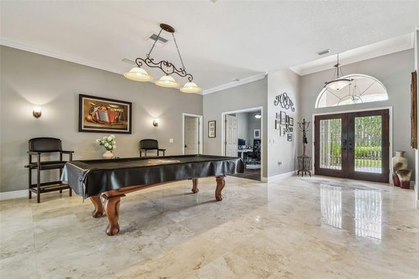 Billiard Table, Chandelier, Game Room, Interior, Pendant Lights