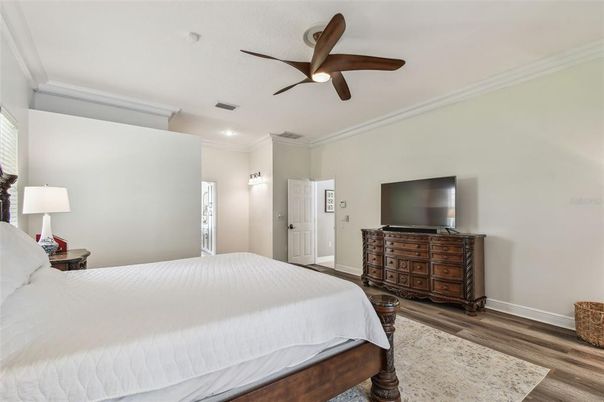 Bedroom, Interior, Recessed Lighting, Wood Texture Flooring