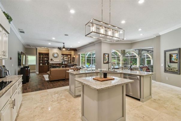 Interior, Kitchen, Living room, Pendant Lights, Recessed Lighting, Wood Texture Flooring