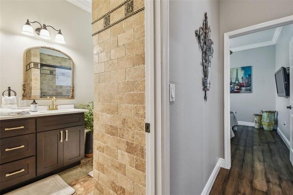 Bathroom, Interior, Stone Walls, Wood Texture Flooring