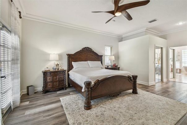 Bedroom, Interior, Recessed Lighting, Wood Texture Flooring