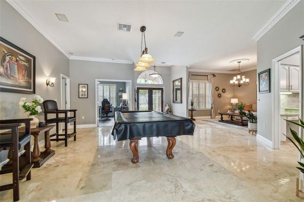 Billiard Table, Chandelier, Game Room, Interior, Pendant Lights